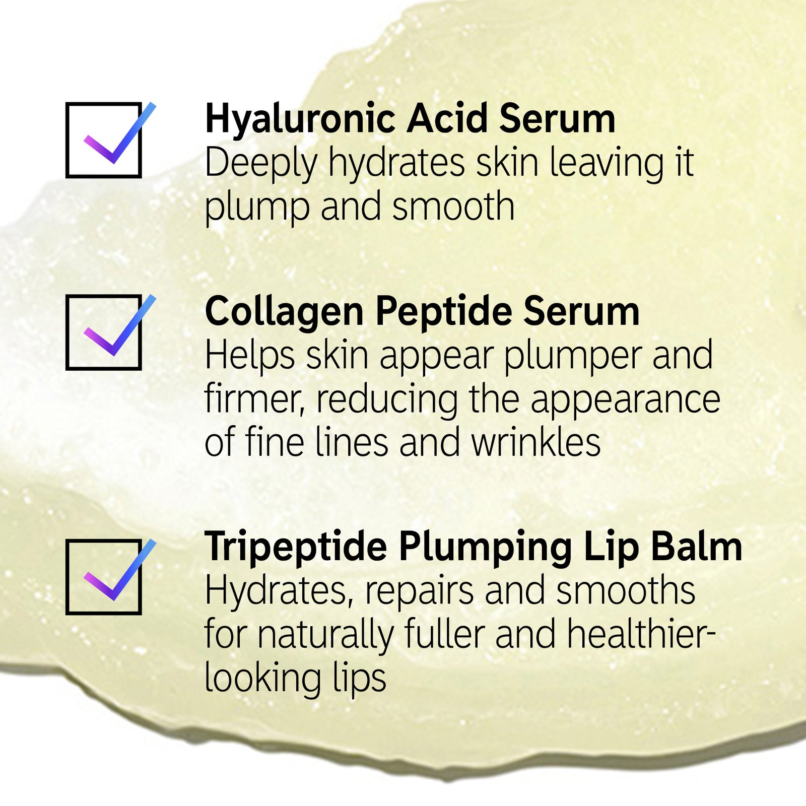 Info graphic with goop shot background and text overlay of Hydrate and Plump Trio benefits