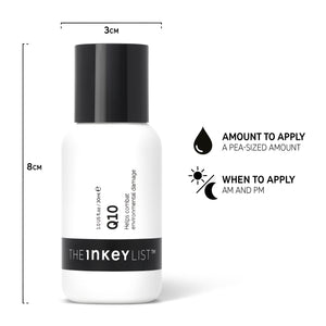 Q10 Serum pack shot annotated with how and when to use it and dimensions of bottle. Text reads 'Amount to apply (pea-sized amount)' and 'When to apply (AM and PM)'