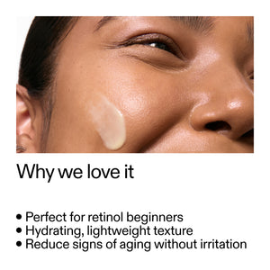 Close-up of a woman's face with Retinol Serum application, text about product benefits.