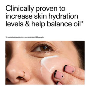 Close-up of a person applying Omega water cream to their face with text about skin hydration and oil balance.