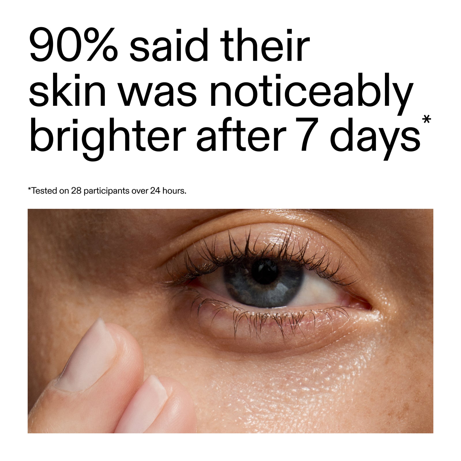Advertisement showing a close-up of a person's eye with text about skin brightening after 7 days from a clinical study