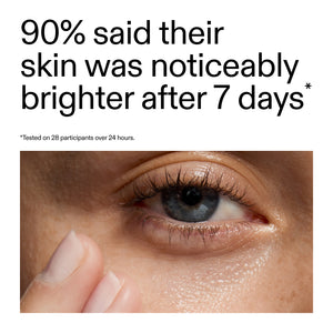 Advertisement showing a close-up of a person's eye with text about skin brightening after 7 days from a clinical study