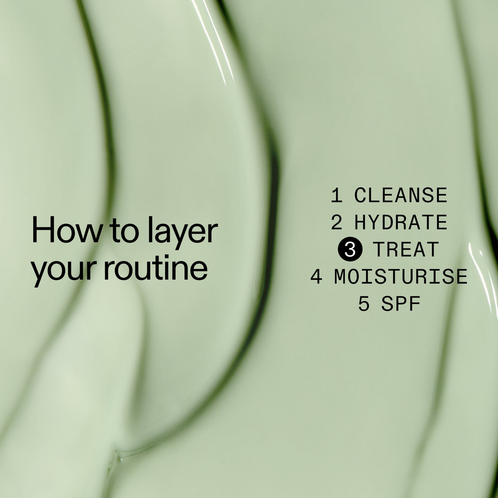 Step-by-step guide to layering Azelaic Acid Serum in askincare routine with text overlay on a green background.