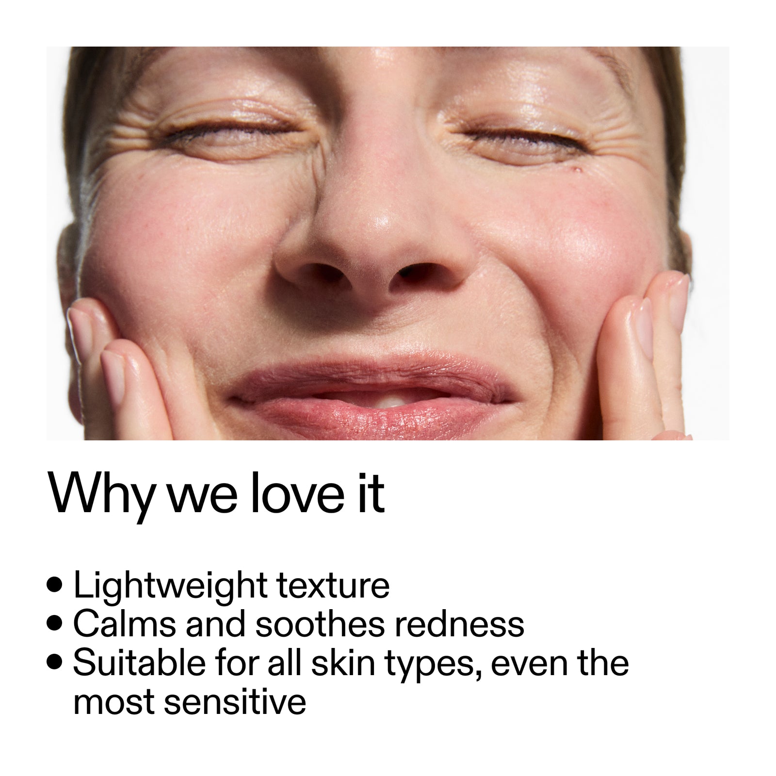 Close-up of a person's face with text highlighting Azelaic Acid Serum benefits on a white background