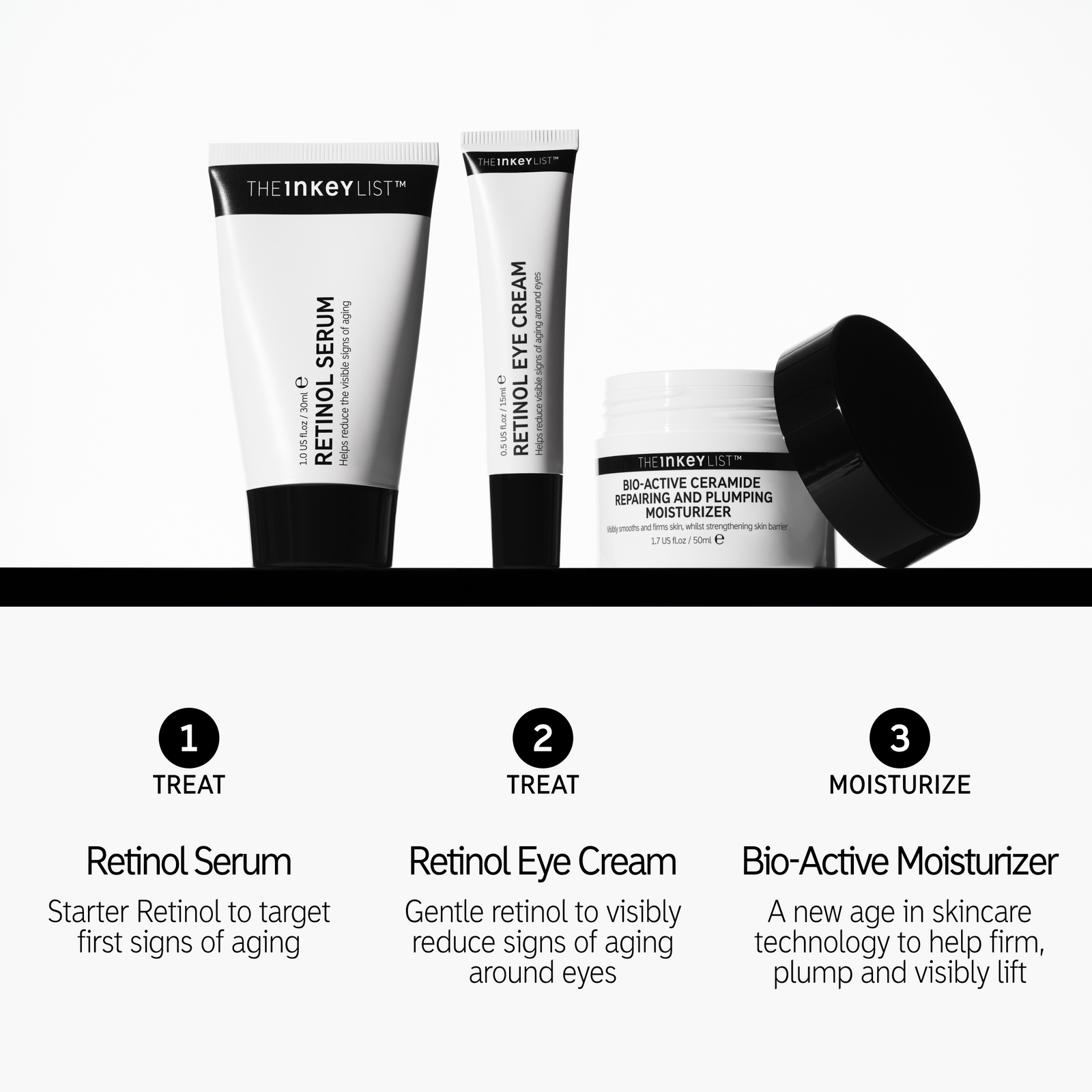 Retinol Serum: Targets first signs of aging. 2. Retinol Eye Cream: Reduces aging around eyes. 3. Bio-Active Moisturizer: Firms, plumps, and lifts skin.