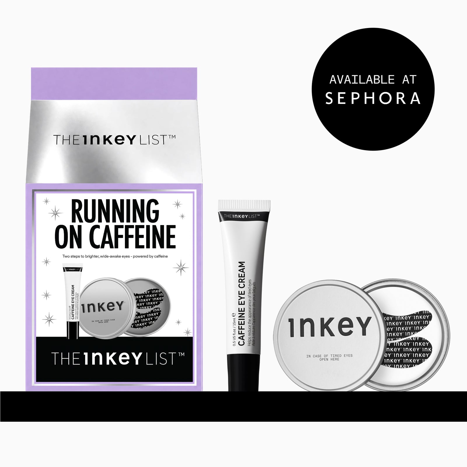 The Inkey List 'Running on Caffeine' eye cream set, featuring a purple and silver pouch, a black and white tube of caffeine eye cream, and two round silver compacts, shown on a white background with a black 'Available at Sephora' badge.