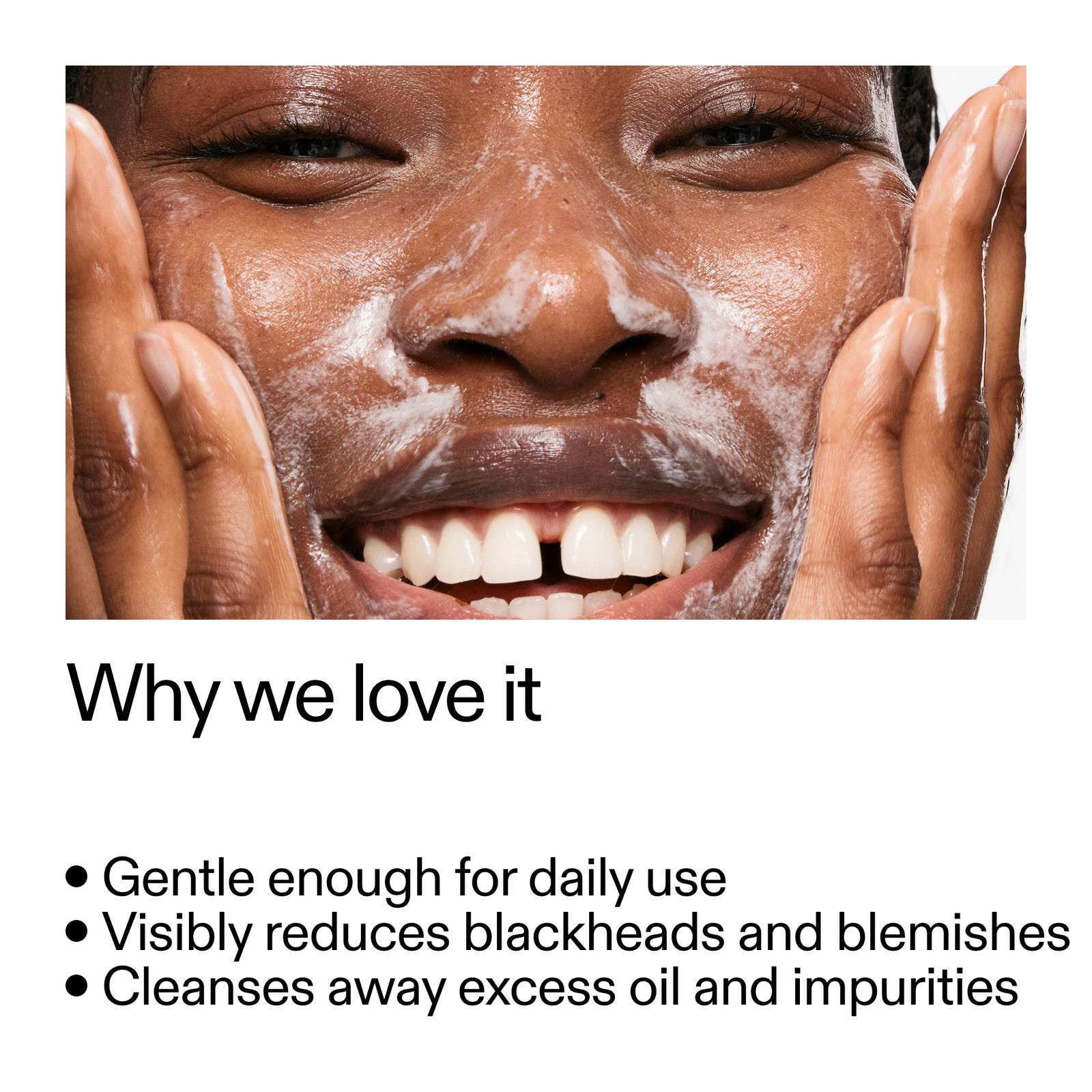 Person applying Salicylic Acid Cleanser text highlighting product benefits