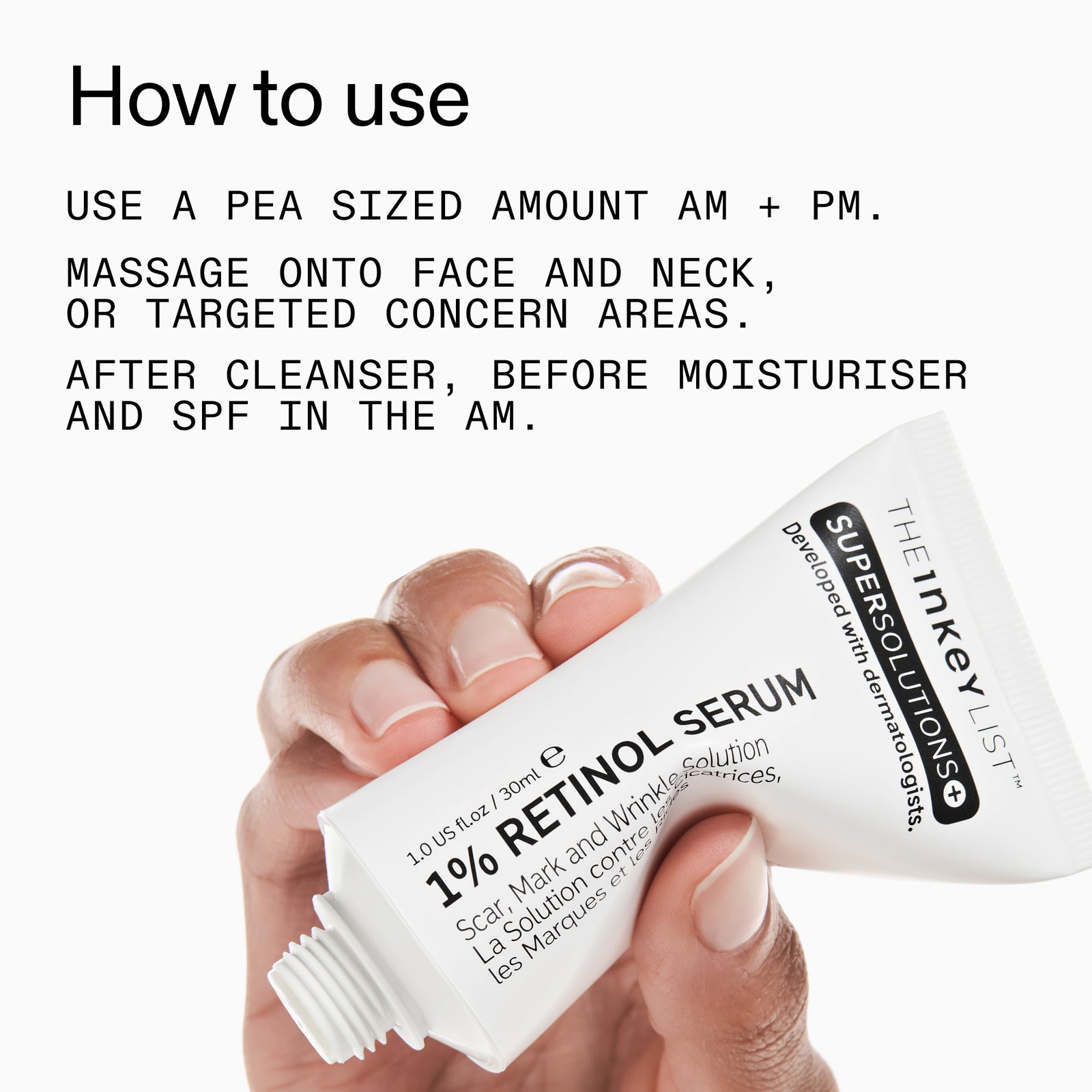 Tube of The Inkey List Supersolutions+ Retinol Serum held by a hand with text on how to use it.