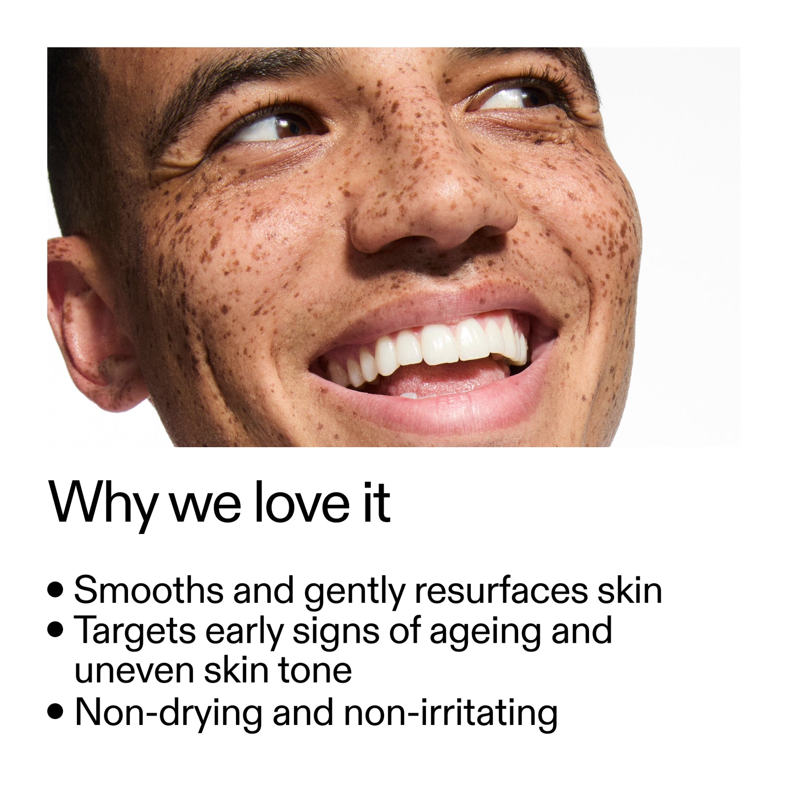 Close-up of a person's face with text highlighting skincare benefits on a white background