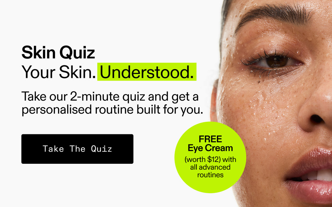 Advertisement for a skincare quiz with a close-up of a person's face and promotional text.