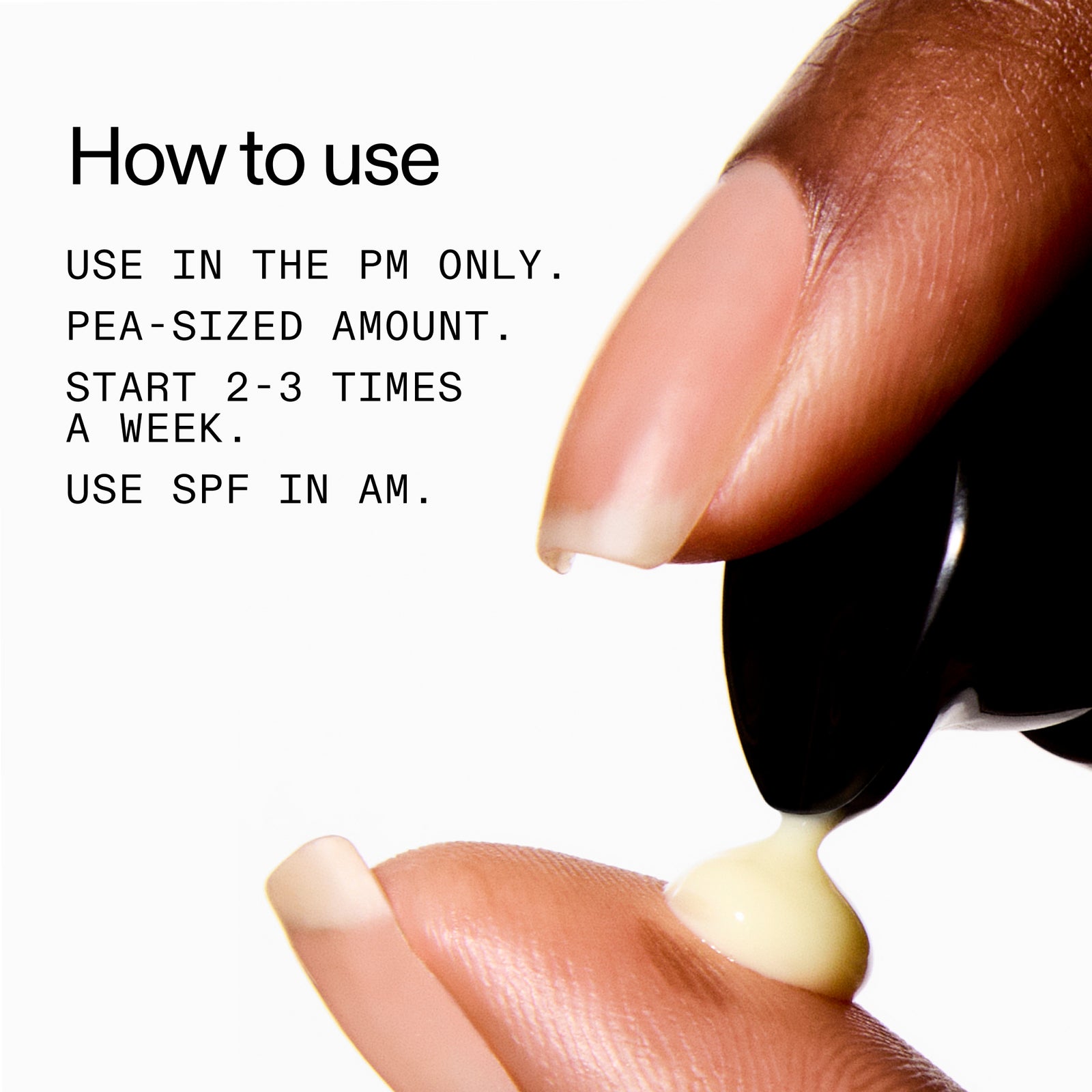 Hand applying cream with text on how to use it