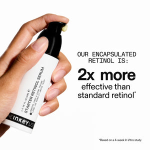 Hand holding a skincare serum bottle with text about encapsulated retinol effectiveness.