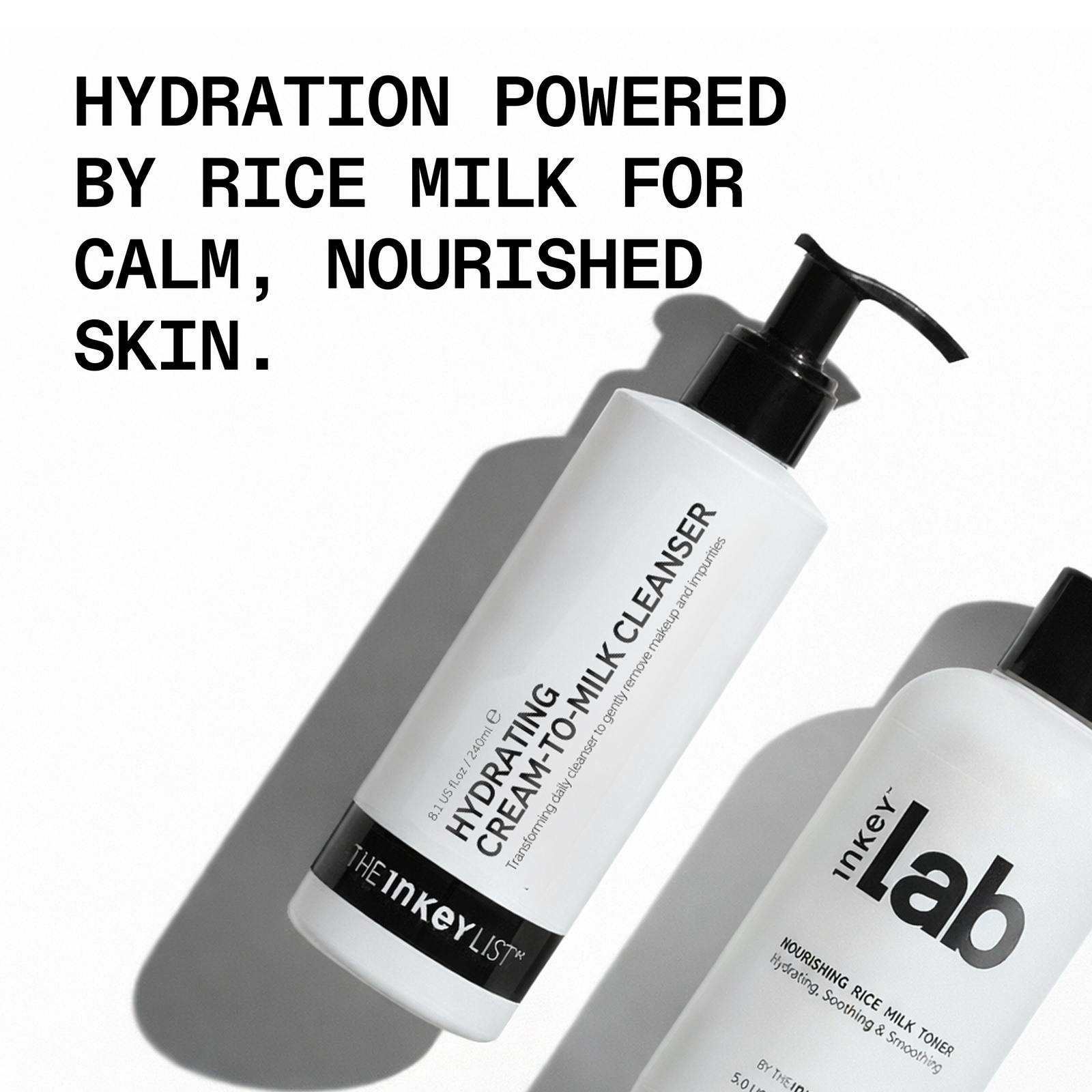 2 inkey bottles and copy 'hydration powered by rice milk for calm, nourished skin