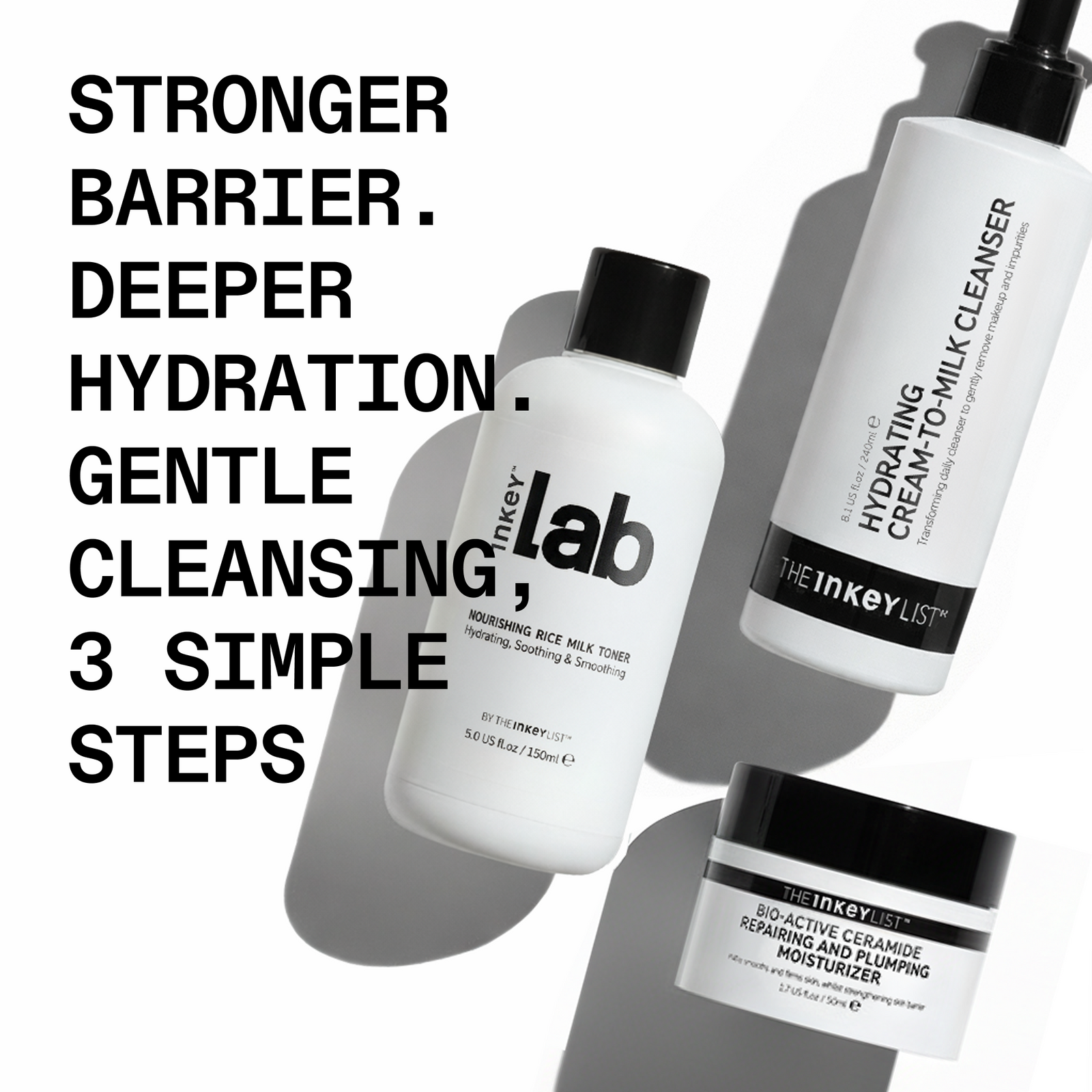 Inkey Lab skincare products with text highlighting benefits on a white background