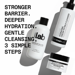 Inkey Lab skincare products with text highlighting benefits on a white background