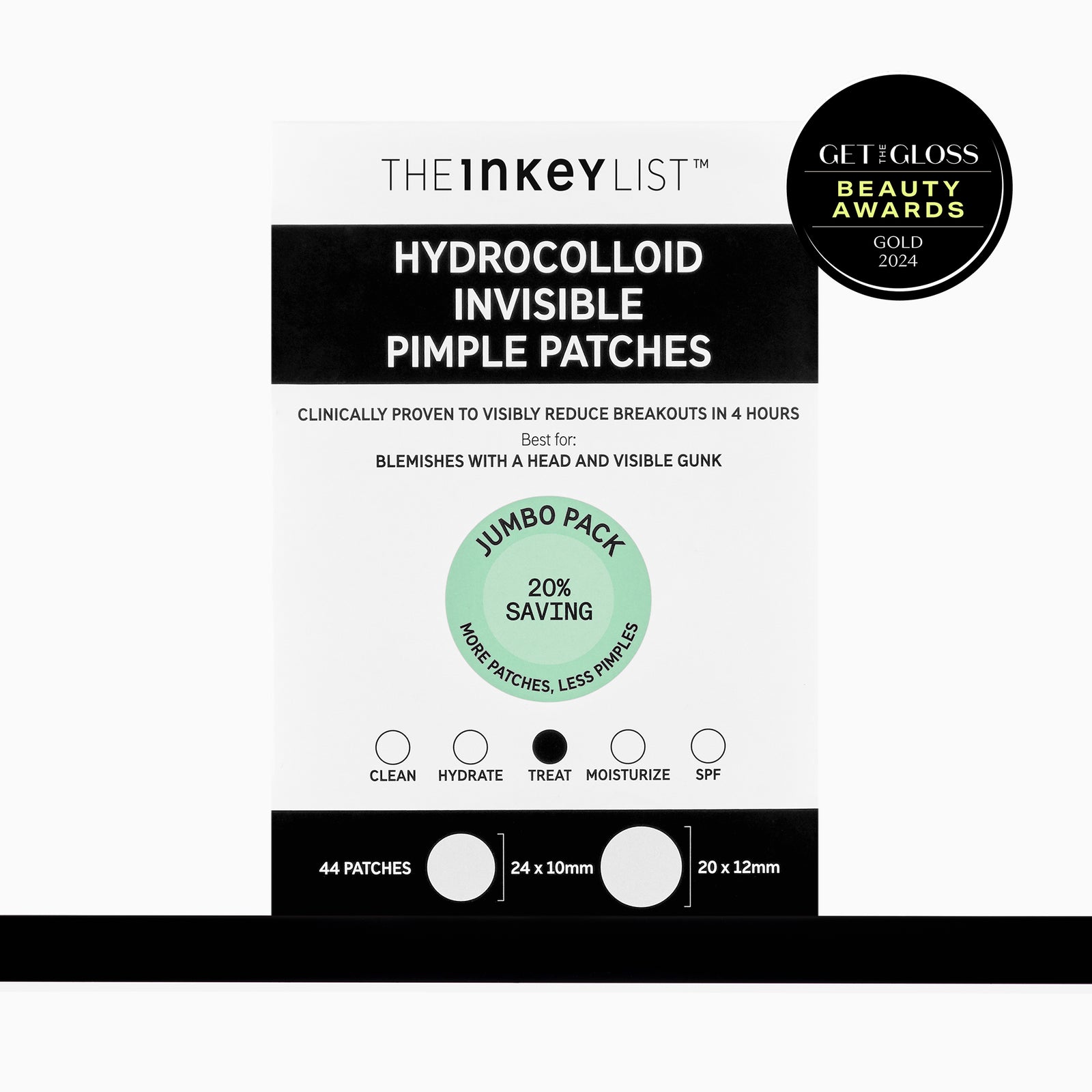Inkey List Hydrocolloid Invisible Pimple Patch packaging with product details and awards on a white background.