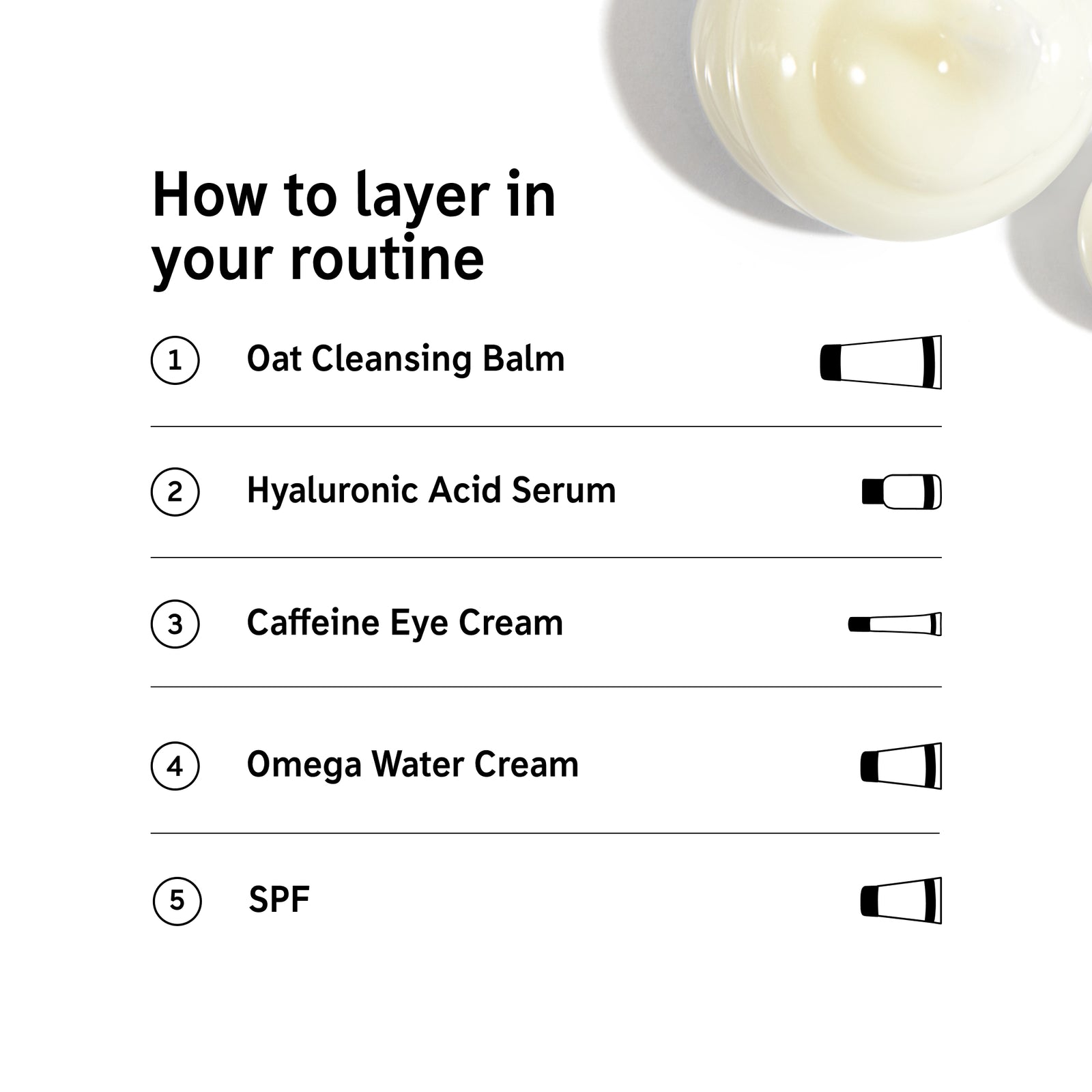 How to layer in your routine 1. Oat Cleansing Balm 2. Hyaluronic Acid Serum 3. Caffeine Eye Cream 4. Omega Water Cream  5. SPF
