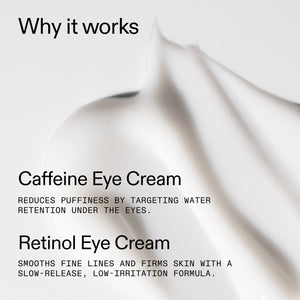 Caffeine and Retinol Eye Cream advertisement with text on a white background