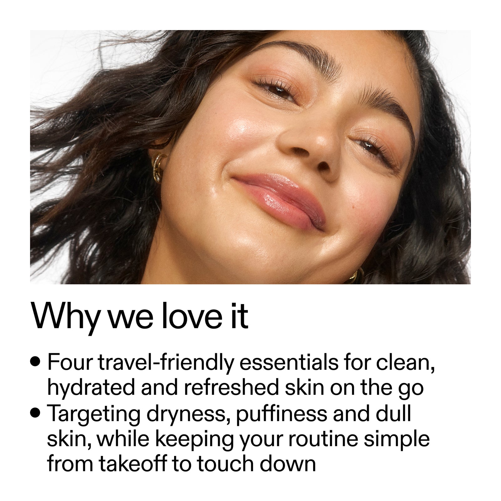 Woman with a close-up of her face, text about skincare products, and a white background.