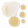 A cosmetic product swatch showing a thick, semi-translucent creamy beige texture alongside four smaller clear droplets filled with fine golden-brown specks, all on a plain white background.