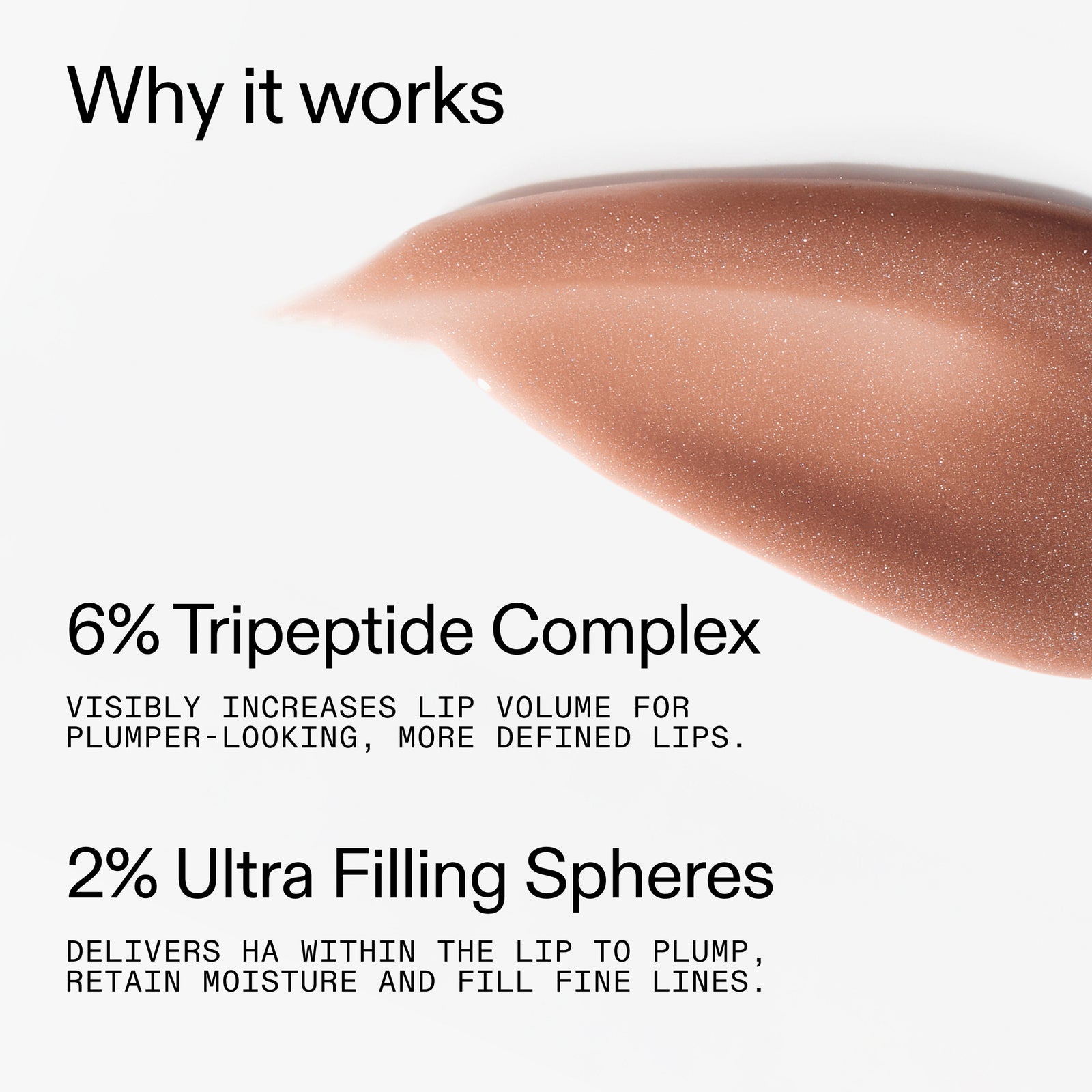 Tripeptide Plumping Mocha Brown Lip Balm with text about tripeptide complex and ultra filling spheres on a white background