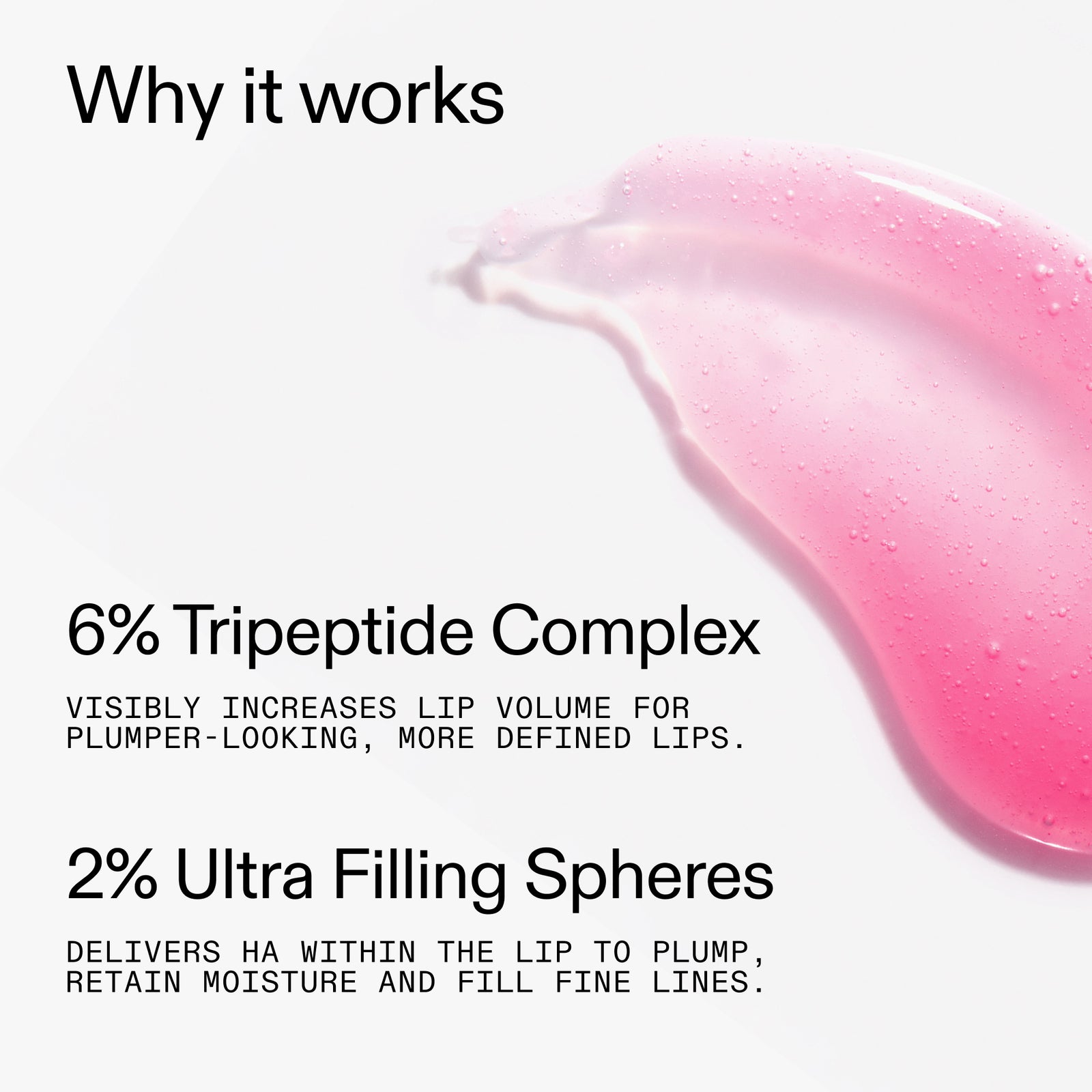 Tripeptide Plumping Pink Lip Balm with text explaining its ingredients and benefits on a white background