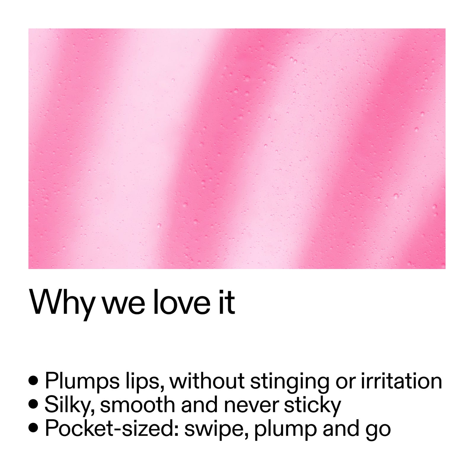 Tripeptide Plumping Pink Lip Balm with text listing reasons for why it is loved.