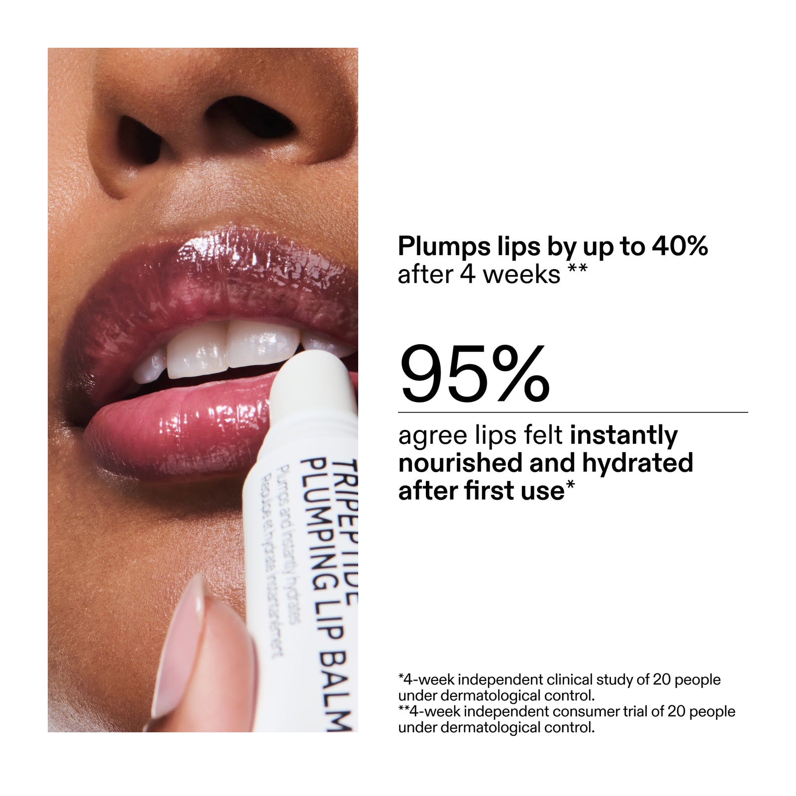 Tripeptide Plumping Pink Lip Balm being applied to lips with product details and user feedback on a white background