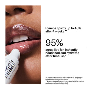 Lip balm with text claiming to plump lips by up to 40% and nourish lips instantly.