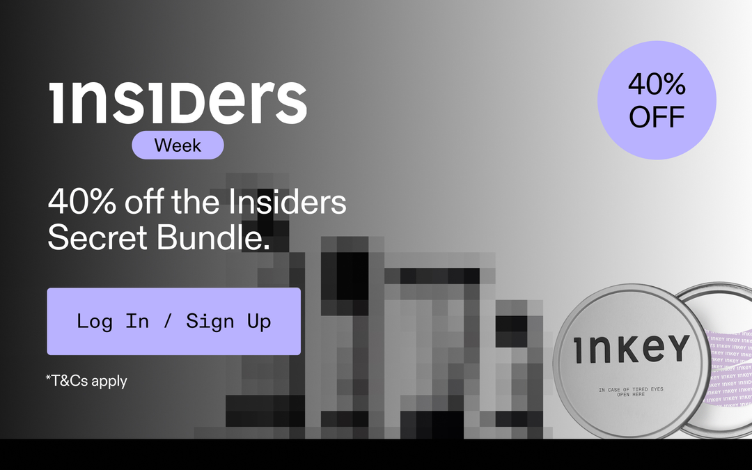 Promotional graphic for an 'insiders' secret bundle discount, featuring a gray gradient background, a purple '40% OFF' badge, and a circular '1nkey' logo. The text reads '40% off the Insiders Secret Bundle' and includes a blurred placeholder area for product contents.