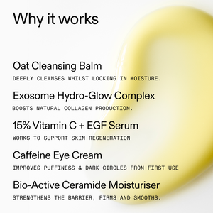 List of skincare products with their benefits on a white background