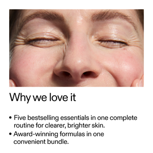 Close-up of a person's face with text about skincare products.