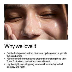 Close-up of a person's face with text about skincare routine