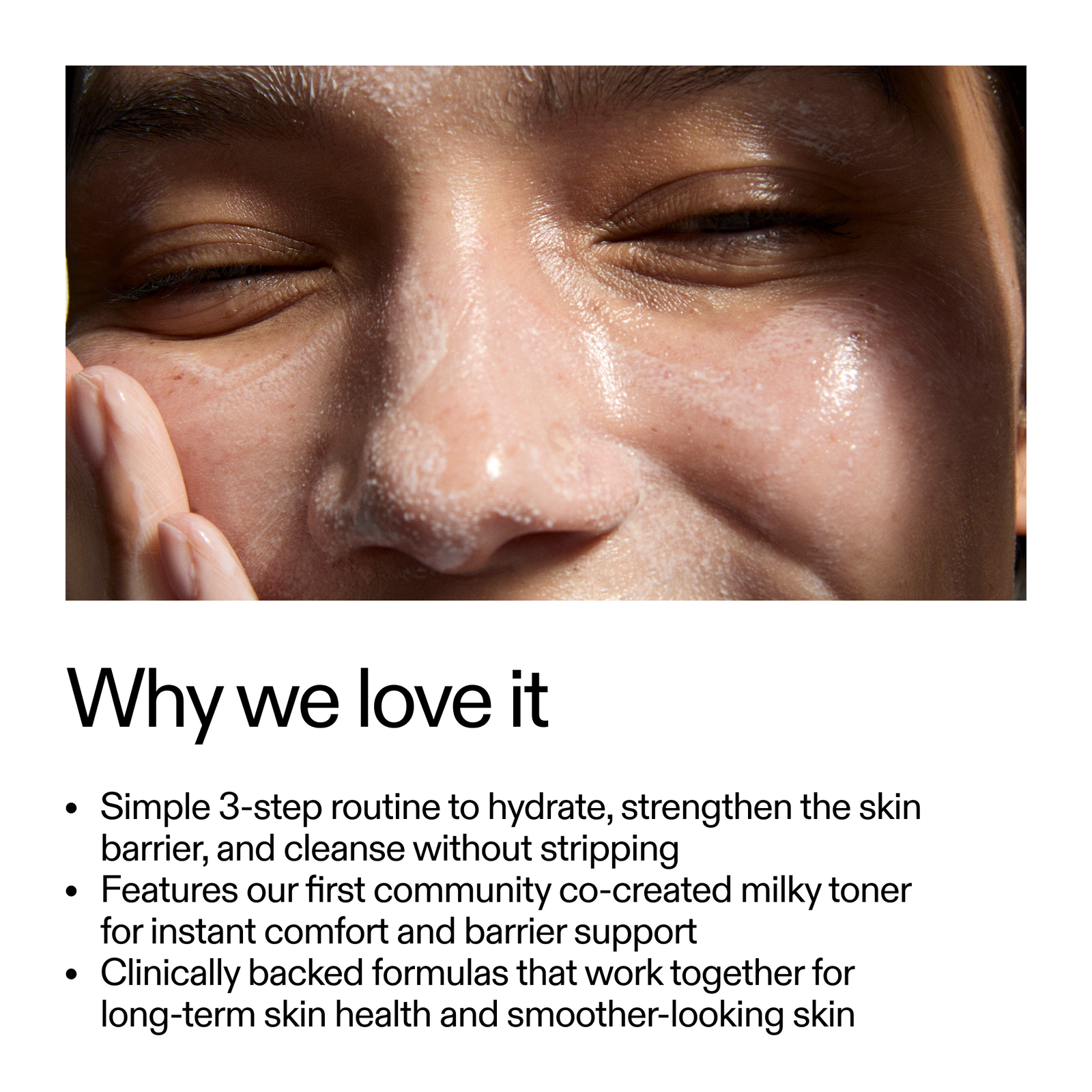 Close-up of a person's face with text about skincare benefits