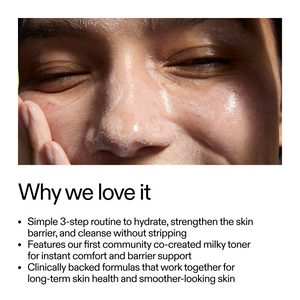 Close-up of a person's face with text about skincare benefits