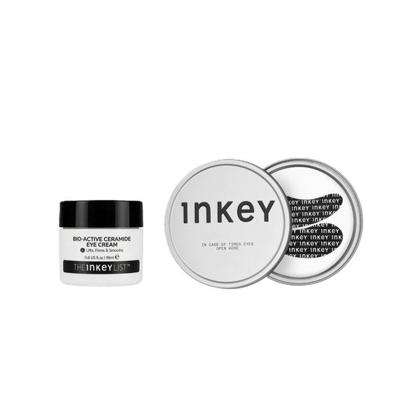 The Inkey Bio-Active Ceramide Eye Cream in a white jar with a black lid, shown next to two silver round tins displaying the product's packaging details on a solid white background.