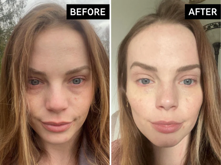 Before and after comparison of a woman's face with visible makeup changes.