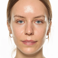 Close-up of a woman's face wearing small gold hoop earrings against a plain white background.