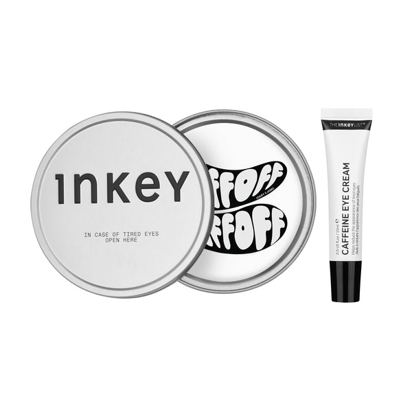 Inkey eye cream packaging with a tube and two tins on a white background