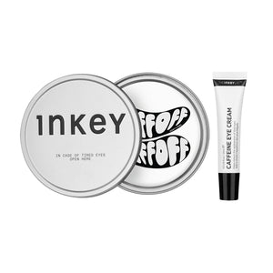 Inkey eye cream packaging with a tube and two tins on a white background