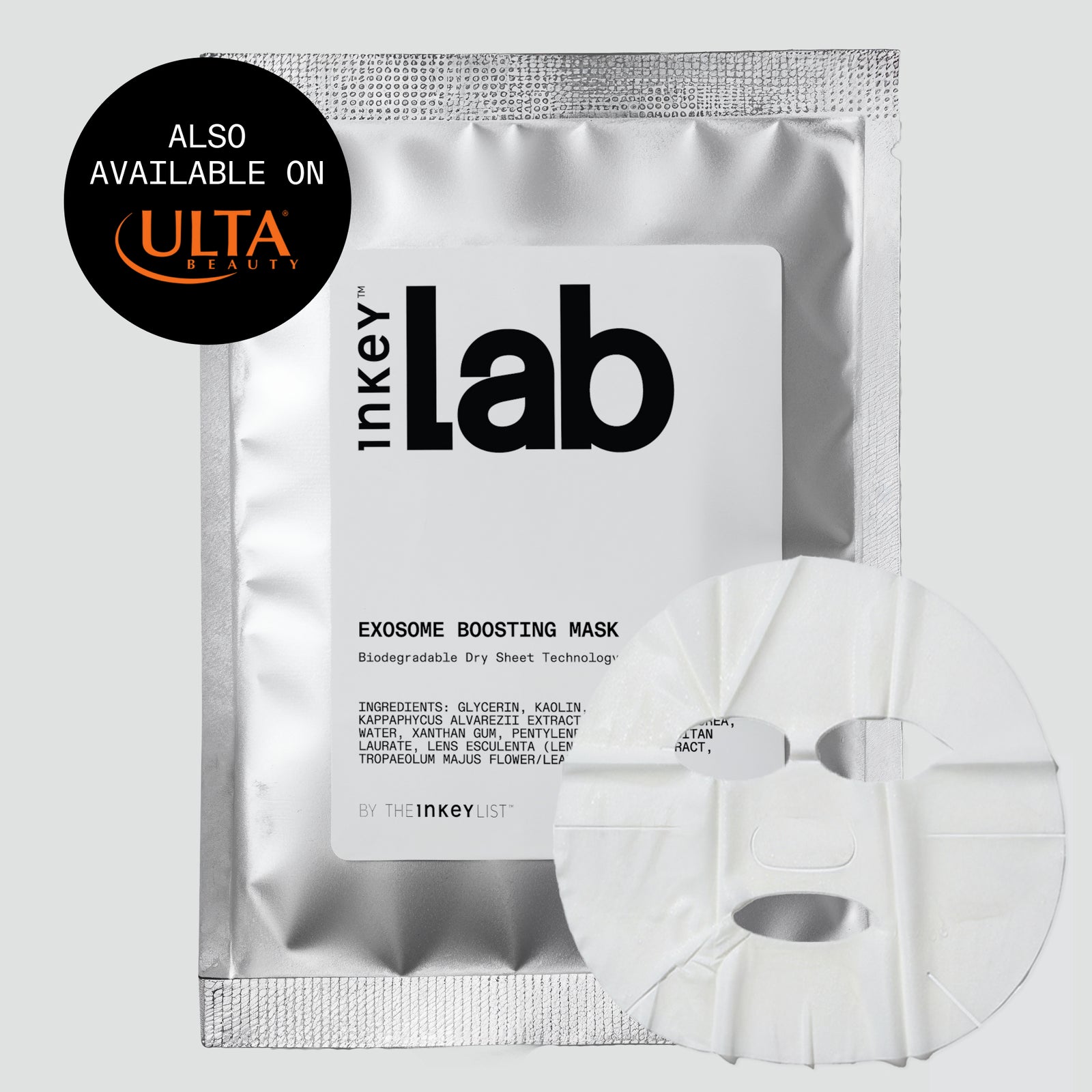 Inkey Lab Exosome Boosting Mask in a metallic silver pouch with a white sheet mask displayed in front, on a light gray background with a black ULTA availability badge.