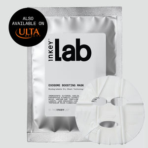 Inkey Lab Exosome Boosting Mask in a metallic silver pouch with a white sheet mask displayed in front, on a light gray background with a black ULTA availability badge.