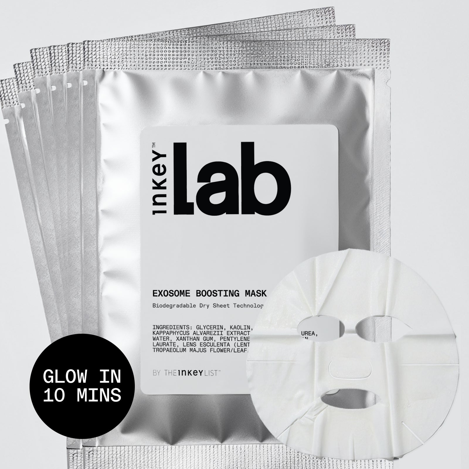 Inkey Lab Exosome Boosting Mask packaging with a single mask displayed on a white background