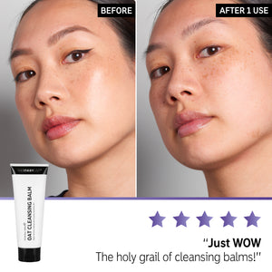 Before and after shot on a model showcasing the benefits after 1 use of Oat Cleansing Balm and text 