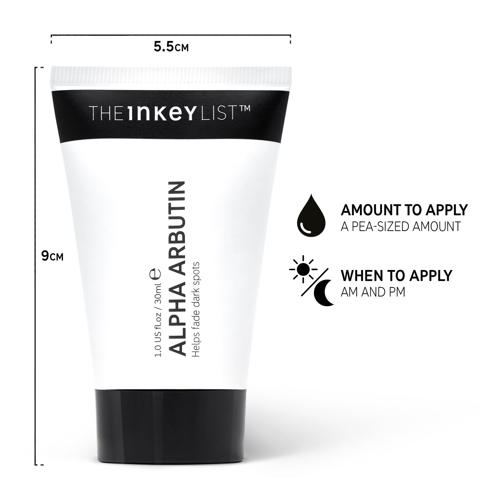 Alpha Arbutin bottle infographic with dimensions of bottle and when to apply products (AM and PM) and the amount to apply (a pea-sized amount)