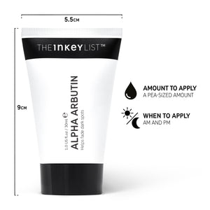 Alpha Arbutin bottle infographic with dimensions of bottle and when to apply products (AM and PM) and the amount to apply (a pea-sized amount)