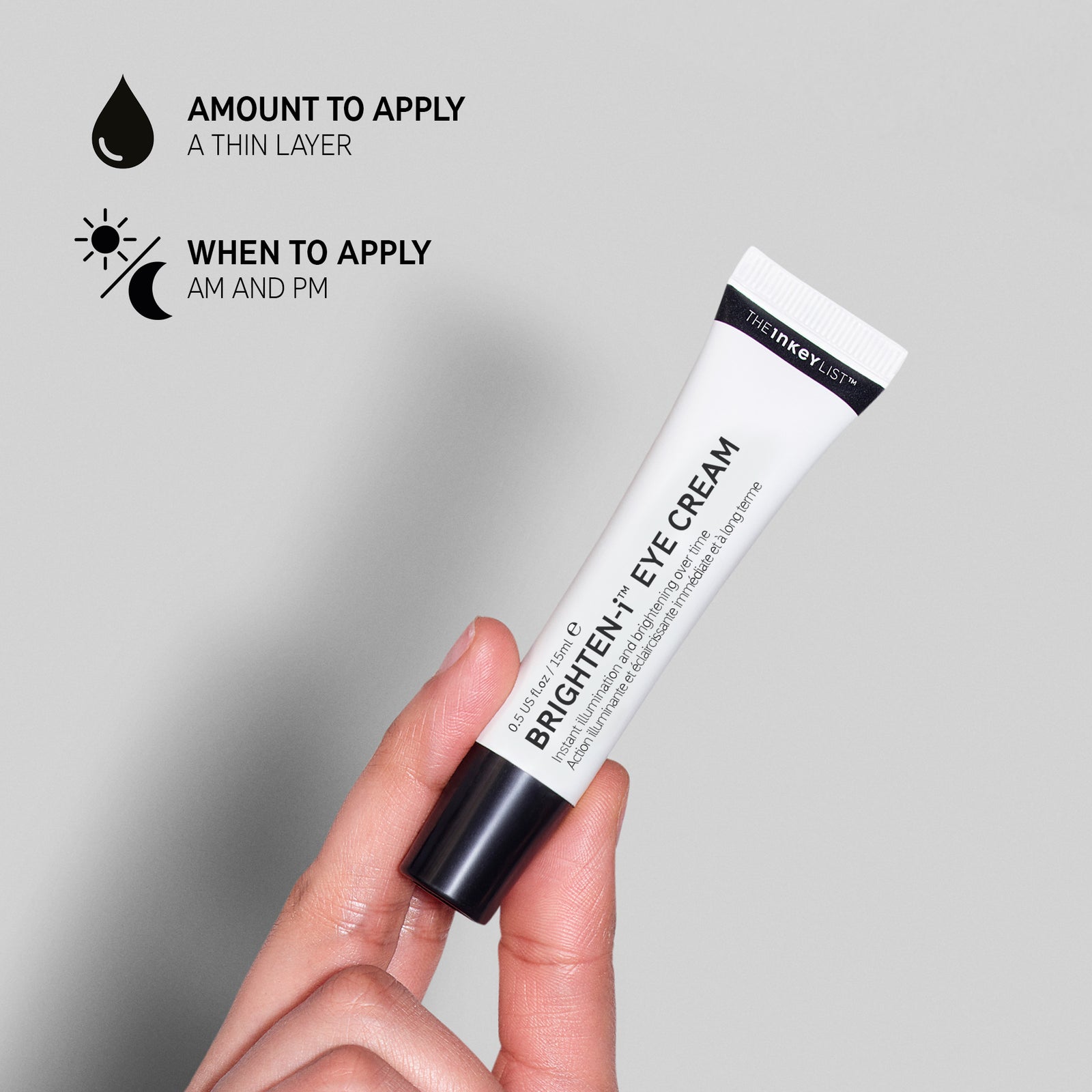 Hand holding Brighten-I Eye Cream tube with text explaining how and when to use
