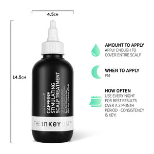 Hair Growth & Volume Duo Caffeine Scalp Treatment bottle infographic: Amount to apply, when to apply and how often