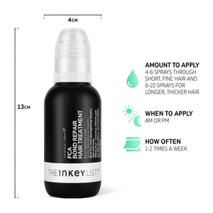 PCA Bond Repair Hair Treatment bottle infographic with bottle dimensions and amount to apply (4-6 sprays through short, fine hair and 6-10 sprays for longer, thicker hair), when to apply (AM or PM) and how often to apply (1-2 times a week)