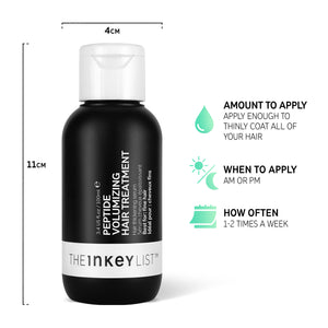 Peptide Volumizing Hair Treatment bottle infographic with bottle dimensions and amount to apply (apply enough to thinly coat all hair), when to apply (AM or PM) and how often to apply (1-2 times a week)